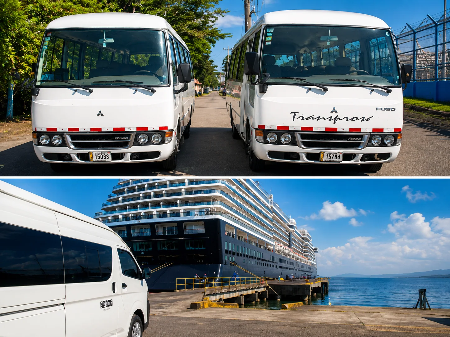 Microbuses turísticos y van de pasajeros de LoaTours atendiendo un puerto de cruceros de Costa Rica