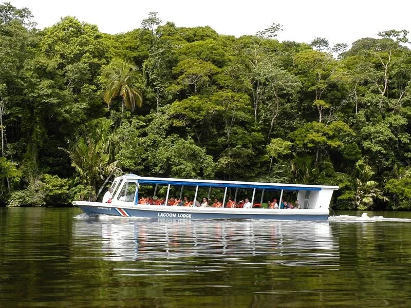 Passagierboot überquert einen breiten Regenwaldkanal in Limón